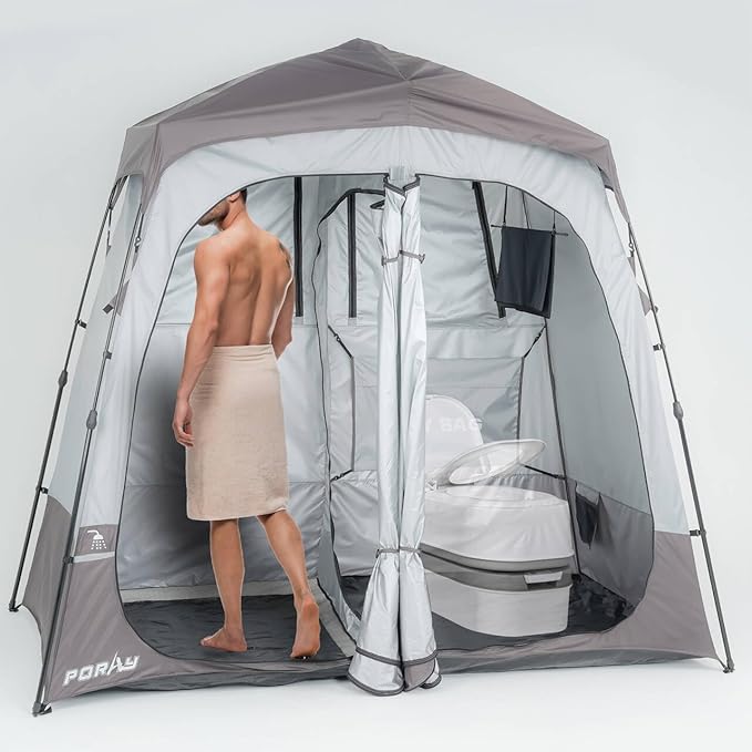 Camping Shower Tent Deluxe Changing Room Easy Set Up Privacy ShelterLarge Toilet Tent with Floor Drain Design for Beach CampingHiking with Stakes and Ropes for Stability