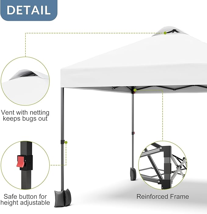10x10ft Pop Up Canopy Tent with SidewallOutdoor Freestanding Sun Shelter Picnic and CampingInstant Shade Tent with Vented Roof for Beach &amp Events - Includes Storage BagSandbagsStakes&ampRopes