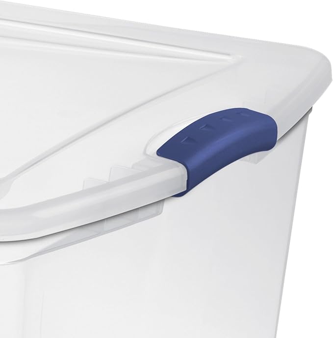 105 Qt. Plastic Storage Bin with Durable Lid Stackable and Nestable Clear Tote Container Featuring Blue Buckles Ideal for Organization and Storage Purposes (1-Pack)