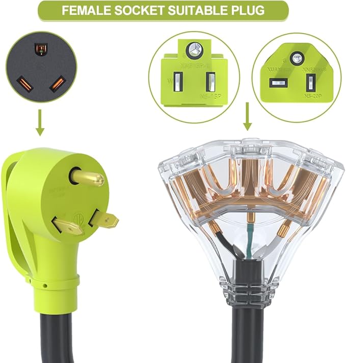 30 amp to 110 adapterNEMA TT-30P Male to 3X 5-20R T-Blade Household ConnectorsGenerator 30 amp to 20 amp adapter10 AWG STW (1FT)
