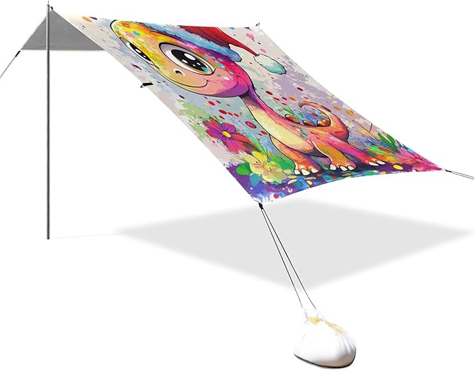 Funny Dinosaur Beach Canopy UPF50+ Protection Water-Resistant Shade Sun Shelter Includes Sand Shovel Sandbags Stability Poles for Camping Picnics Backyard