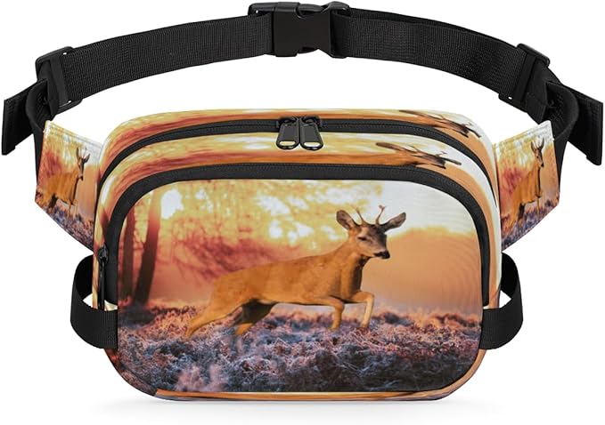 Sunset Deep Woods Elk Waterproof Fanny Pack for Women Men Adjustable Waist Bag with Double Zipper Pockets Lightweight Square Hip Pack for Running Travel Hiking Workout Cycling