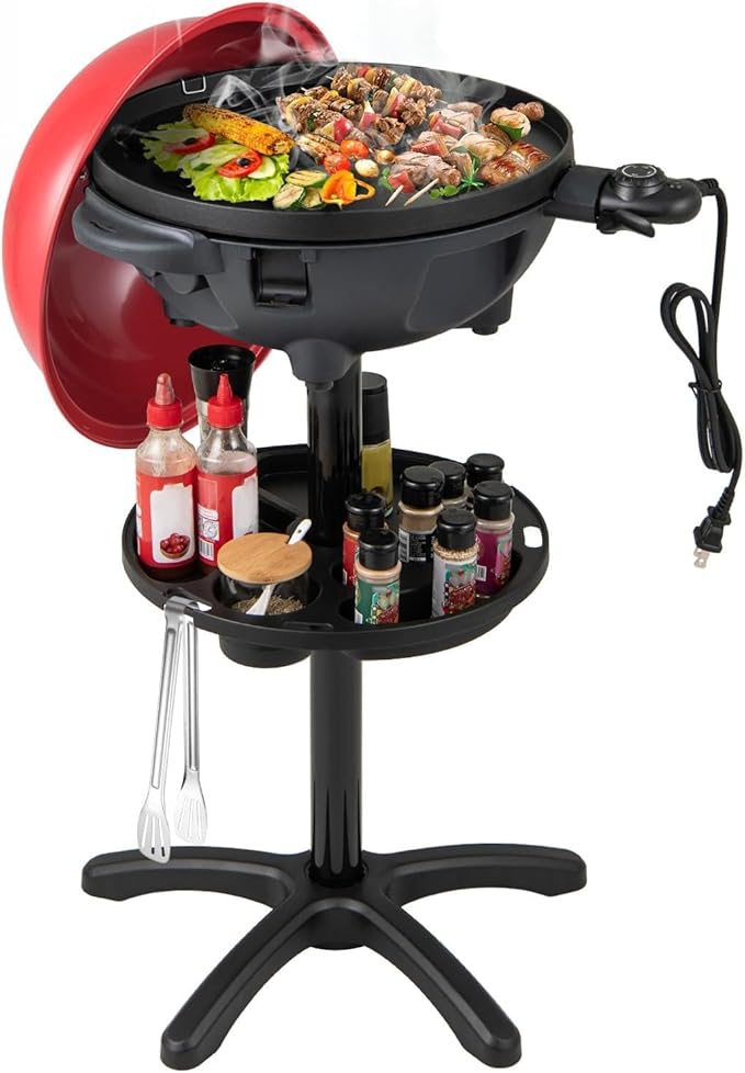 1200W Electric Grill Outdoor 2-in-1 Freestanding &amp Tabletop BBQ Grill w/Thermometer Nonstick Griddle Lid &amp Drip Tray Portable Camping Grill for Patio Backyard Party (Red)