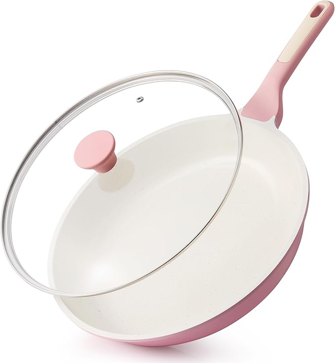 SENSARTE Nonstick Ceramic Frying Pan with Lid 12.5 Inch Cooking Pan Skillet Free of Intentionally Added PFAS/PTFE Non-toxic Chef's Pan Induction Compatible Pan Heat Resistant Handle Sakura Pink
