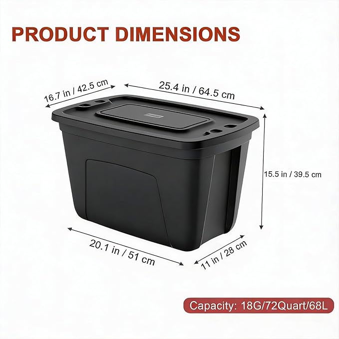 Storage Bins with Lids - Made in USA 18-Gallon (72-Quart) 4PC Black Storage Totes with Lids Heavy Duty Plastic Stackable Containers Large Storage Boxes for Home and Office Organization