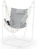 U-Shaped Hammock Chair with Stand Indoor &amp Outdoor Heavy-Duty Metal Frame Hammock Swing Stand Chair with Side Pockets for Brackyard Patio Porch (Light Gray)