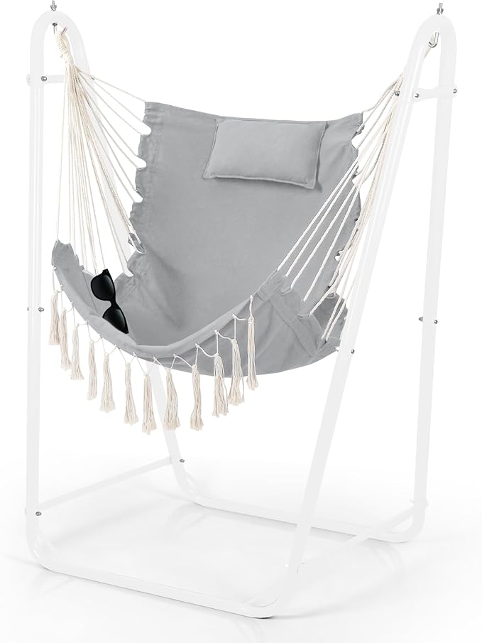 U-Shaped Hammock Chair with Stand Indoor &amp Outdoor Heavy-Duty Metal Frame Hammock Swing Stand Chair with Side Pockets for Brackyard Patio Porch (Light Gray)