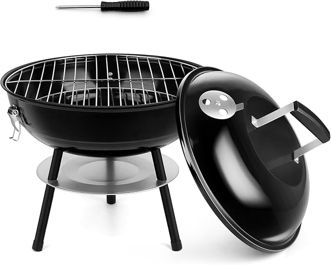 HaSteeL 14 Inch Charcoal Grill Small Black Enamel Outdoor BBQ Grill Mini Flat Top Kettle Barbecue Grill with Screwdriver Portable for Backyard Garden Camping Cooking Smoking Dual Venting System