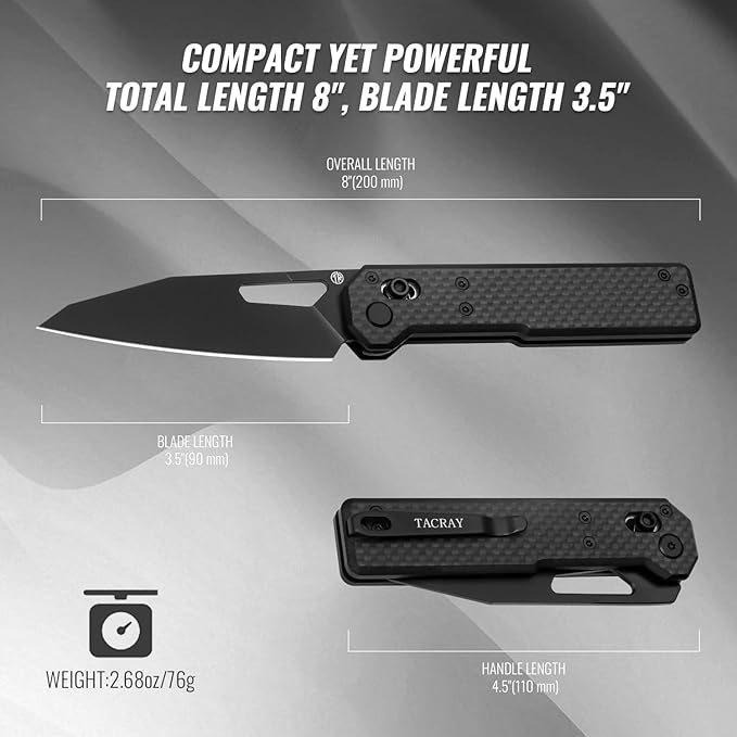 TACRAY Tarcus Folding Pocket Knife 3.5 D2 Steel DLC Blade Carbon Fiber Overlay Handle Lightweight EDC Knife with Crossbar Lock for Men and Women Ideal for Camping Hiking and Survival