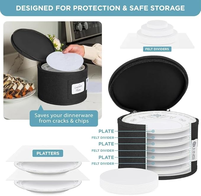 China Storage Hard Shell Containers 12-Piece Set Moving Boxes for Dinnerware Glasses Plates Mugs and Saucers Sturdy Dish Organizer with Dividers for Seasonal Storage - Service for 12 - Black