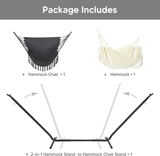 SUNCREAT 2-in-1 Convertible Portable Double Hammock with Stand Included Outdoor Hammock and Stand Patented Natural Tassel