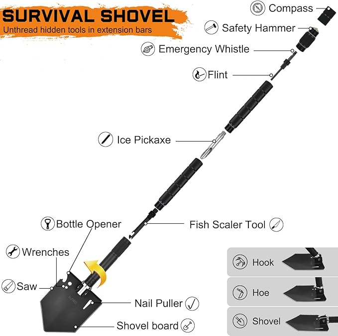 IUNIO Survival Off-Roading Tool Kit 19 in 1 Folding Shovel Camping Axe Multitool Pickaxe with Carrying Bag for Outdoor Car Emergency (Upgrade Black)