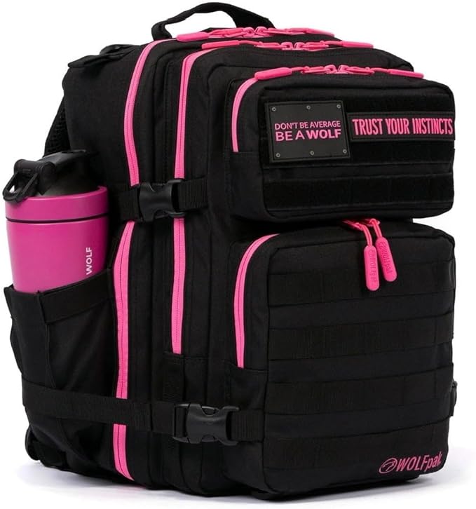 WOLFpak 25L Athletic Gym Backpack (Black Neon Pink) Durable 1000D Waterproof Oxford Material with MOLLE Webbing Laptop Pocket &amp Dual Cup Holders