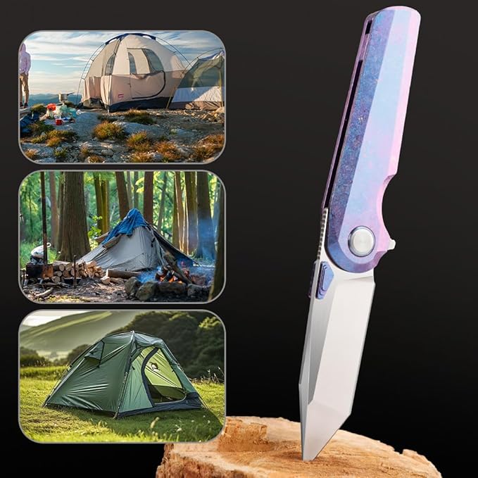 ioko Pocket Folding Knife with Titanium Alloy Handle S35VN Steel Blade Ice Crystal Anodized Finish 2.9 Inch Blade EDC Camping Hiking Outdoor (blue-purple)