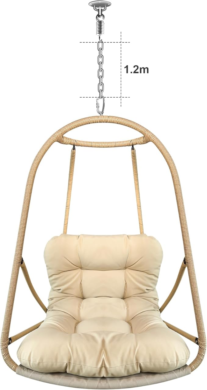 Without Stand Swing Egg Chair Indoor Outdoor Wicker Rattan Patio Basket Hanging Chair with C Type Bracket with Cushion and PillowPatio Wicker Folding Hanging Chair(Special Construction Cup Holder