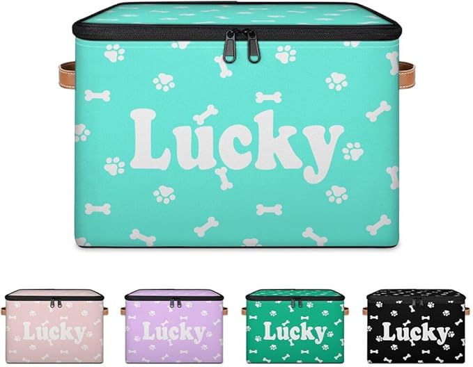 Customized Pet Storage Basket with Name Personalized Keepsake Box with Zipper Lid Foldable Fabric Memory Bin Large capacity with Handle Green