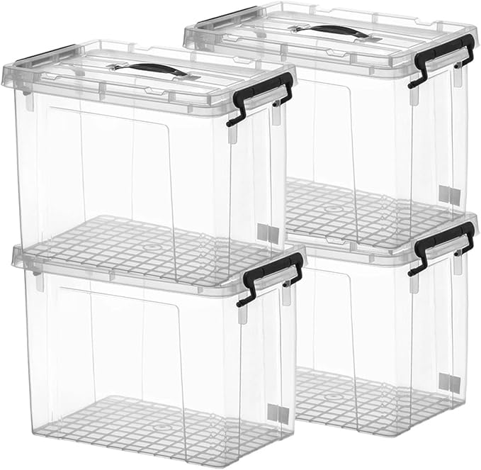 60 QT Plastic Storage Box with Lid and Latches - 4 Pack - BPA-Free See-Through Organizing Solution Durable Nestable Stackable Containers Secure Pull Handle - Clear (60 QT)