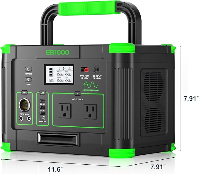 1000W Solar Generator 999Wh Portable Power Station with 60W USB-C PD Output 110V Pure Sine Wave AC Outlet Backup Lithium Battery for Outdoors Camping Travel Hunting Home (Peak 2000W)