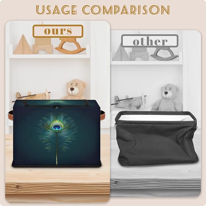 Peacock Feather Storage Box with Lid Boho Feather Collapsible Storage Bins Baskets Cubes Closet Shelf Clothes Organizer Containers with PU Leather Handles