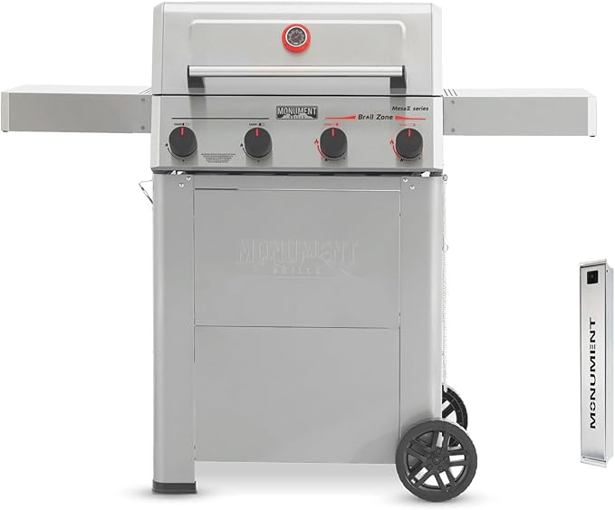 Monument Grills 4 Burner Propane Gas Grill with Advanced Broil Zone Stainless Steel Barbecue M2 Grill with Smoker Box Foldable Side Shelves Fast Heating Assembles in 30 Minutes Mesa II 410FBZ