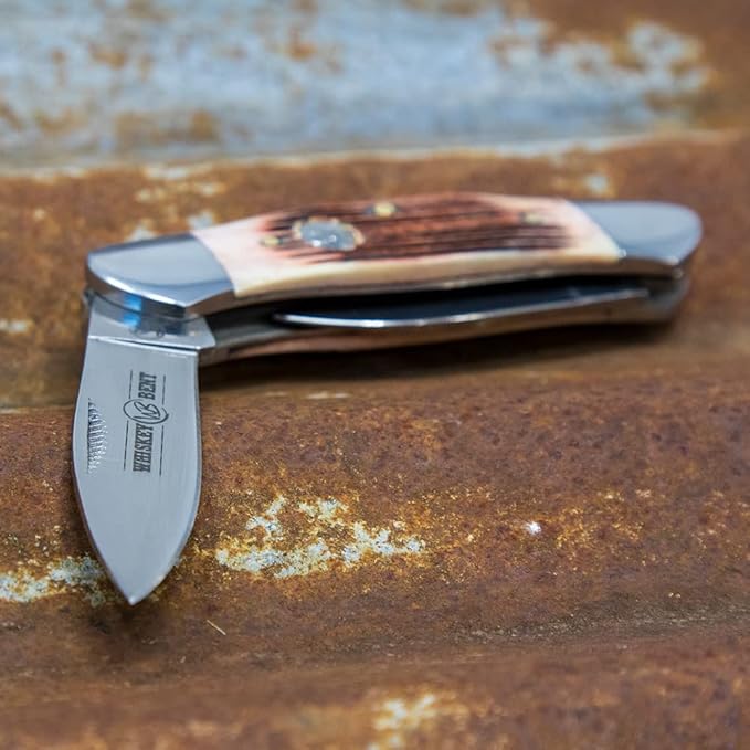 WHISKEY BENT HAT CO. Traditional Canoe Folding Knife 3.63 Closed Length 440C Stainless Steel Blades (Black Cherry Bone)