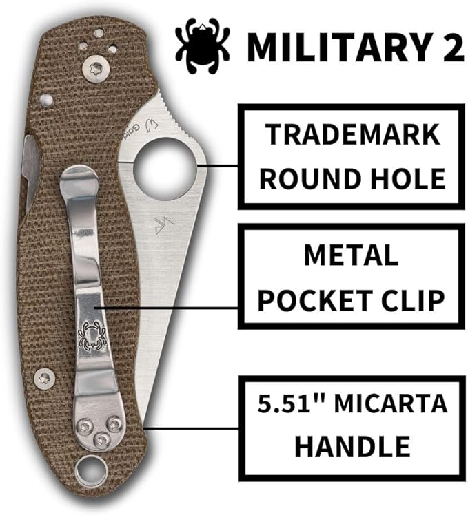 Spyderco Military 2 Folding Pocket Knife with 4 CPM Cru-Wear Steel Blade and Micarta Handle - EDC Knife for Men and Women Perfect for Hunting Tactical Camping Survival - PlainEdge - C36GP2