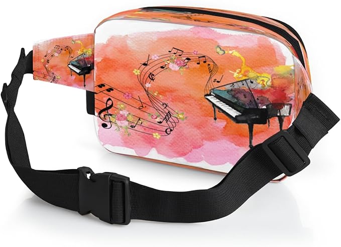 Piano Notes Flowers Watercolor Waterproof Fanny Pack for Women Men Adjustable Waist Bag with Double Zipper Pockets Lightweight Square Hip Pack for Running Travel Hiking Workout Cycling