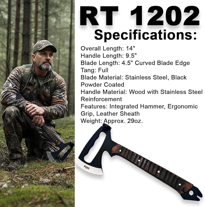 Rtek Tactical Axe &amp Hatchet with Leather Sheath – Full Tang Stainless Steel Wood Handle – Camping Survival Bushcraft Multi-Tool with Hammer Spike Nail Puller (12 14 19) (RT 1202-14 Inch)