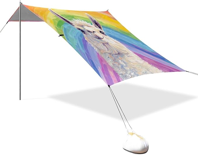 ALAZA Funny Llama Alpaca Rainbow Beach Tent Sun Shelter UPF50+ Protection Beach Shade Canopy w/ 4 Sandbags for Outdoor Camping Fishing Backyard Fun Picnic 10x9 ft