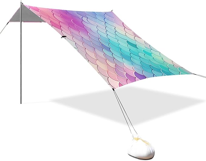 ALAZA Mermaid Print Beach Tent Sun Shelter UPF50+ Protection Beach Shade Canopy w/ 4 Sandbags for Outdoor Camping Fishing Backyard Fun Picnic 10x9 ft