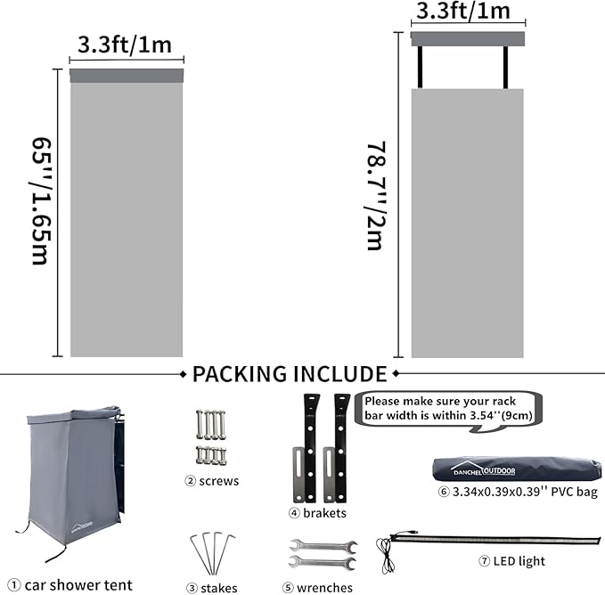 DANCHEL OUTDOOR Car Side Shower Awning with Roof 3.3x3.3ft Portable Roof Rack Vehicle Shower Privacy Tent Shelter Enclosure Overland Camping Changing Room Bathroom w/LED Light Gray