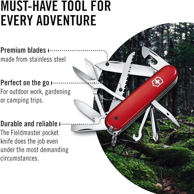 Victorinox Fieldmaster Swiss Army Knife 15 Function Swiss Made Pocket Knife with 2 Blades Scissors Philips Screwdriver and Bottle Opener - Red