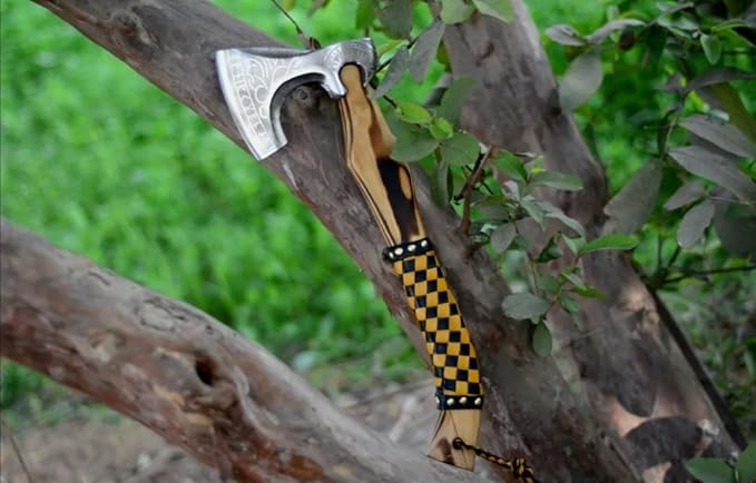 Custom Hand Forged Carbon Steel 17 Inch Long Medieval Axe Forged Axe Leather Wrapping On Handle Hatchet with Leather Sheath Best for Hunting Camping Wood Cutting Gift for Him