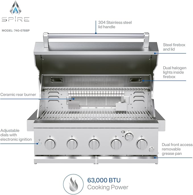 Spire Premium 5 Burner Built In Gas Grill Island Head Stainless Steel 30 Inch Propane Grill with Rear Burner 63000 BTUs 750 SQ In Racks Dual Fuel Compatibility - 740-0788P