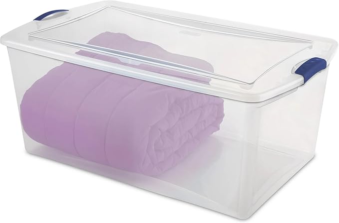 105 Quart Heavy-Duty Clear Plastic Storage Bin – Stackable &amp Nestable Latch Box with Clear Lid &amp Blue Secure Latches Ideal for Home Closet Dorm Garage Basement &amp Patio Organization