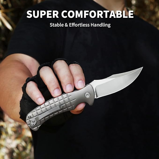 Small EDC Pocket Knife for Men &amp Women - 3 Trailing Point D2 Blade Titanium Handle with Button Lock &amp Pocket Clip | Small Slim Cool Folding Knife for Daily Carry Camping Hiking &amp Outdoo