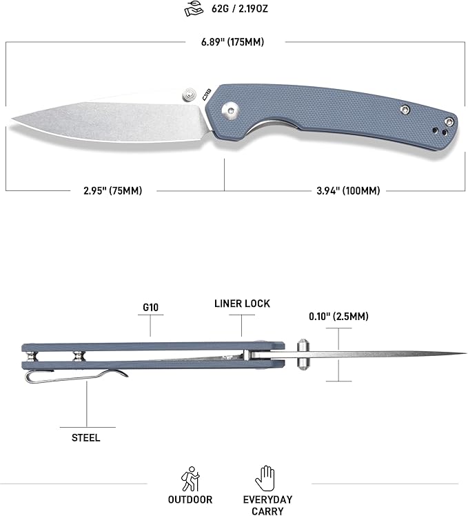 CJRB Kain Pocket Knife for Men 2.95'' AR-RPM9 Steel Blade G10 Handle Folding Knife with Pocket Clip for Camping Hiking Survival Designed by Sanford Owen(J1956)