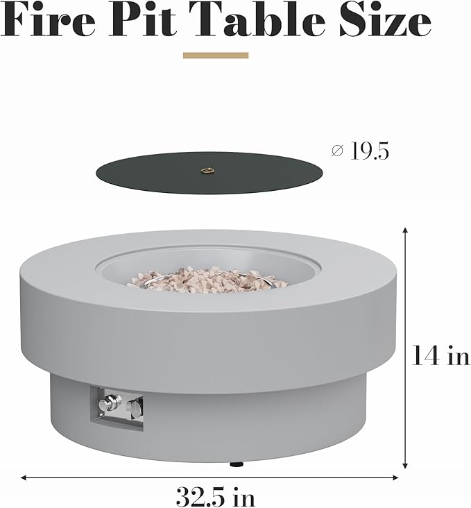 32.5 Inch Propane Fire Pit Table 50000 BTU Round Patio Fire Pit Table Outdoor CSA Certified Stainless Burner with Steel Lid Waterproof Cover &amp Lava Rocks for Backyard Garden Gray