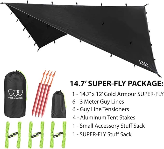 Gold Armour Rainfly Tarp Hammock Premium 14.7ft/12ft/10ft/8ft Rain Fly Cover Waterproof Ultralight Camping Shelter Canopy Survival Equipment Gear Camping Tent Accessories (Black 14.7ft x 12ft)