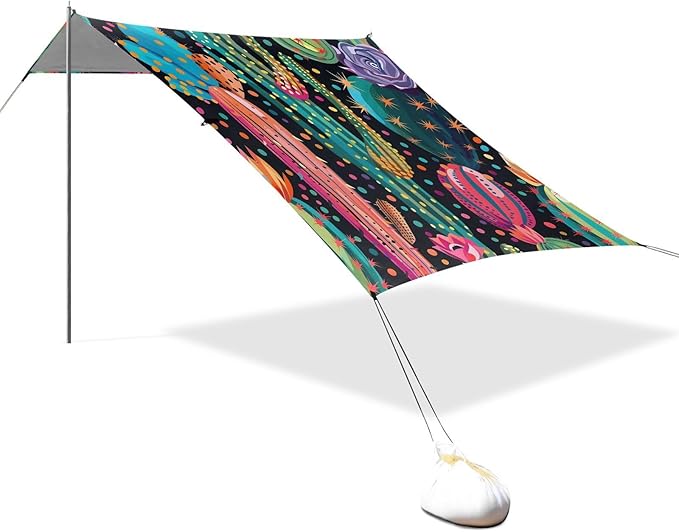 ALAZA Cactus Polka Dots Rainbow Cacti Beach Tent Sun Shelter UPF50+ Protection Beach Shade Canopy w/ 4 Sandbags for Outdoor Camping Fishing Backyard Fun Picnic 10x9 ft