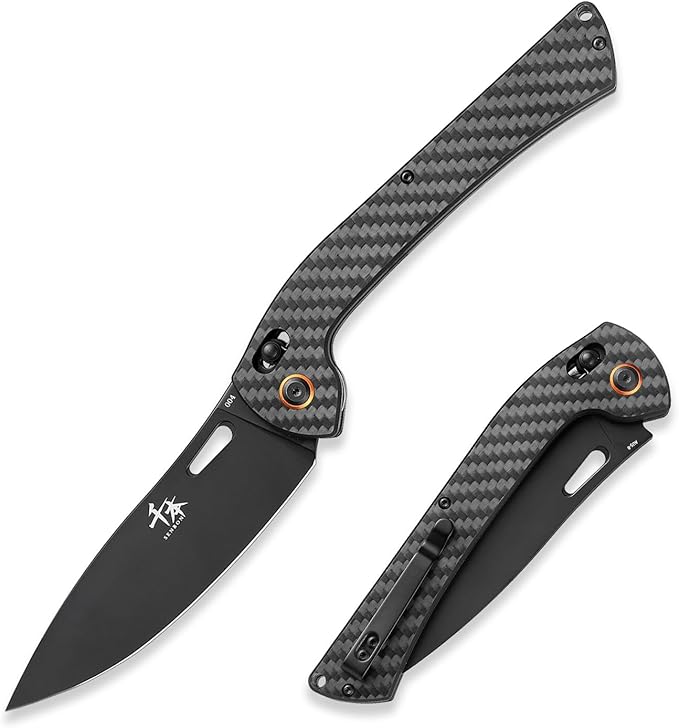 SENBON foldable chef's knife AUS-8 stainless steel with black titanium plating carbon fiber handle with back clip portable outdoor folding fruit petty knife