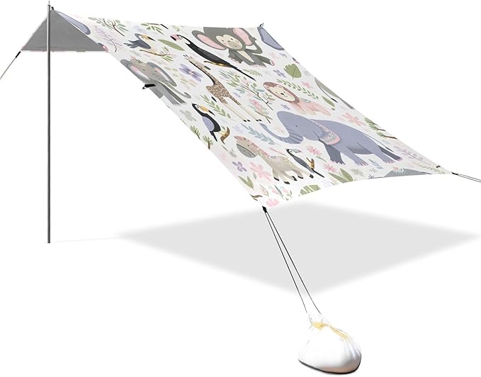 Cute Jungle Animals Beach Tent Sun Shelter Set UPF50+ UV Protection 10.5 x 9.19 FT Camping Shade Canopy with Sandbags Sand Anchors Carrying Bag and Others