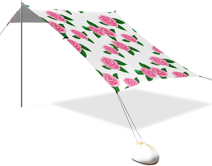 Beach Canopy with Windproof Ropes &amp Sandbags Beach Tent Sun Shade Sun Shelter for Camping Trips Fishing Backyard Fun or Picnics Roses