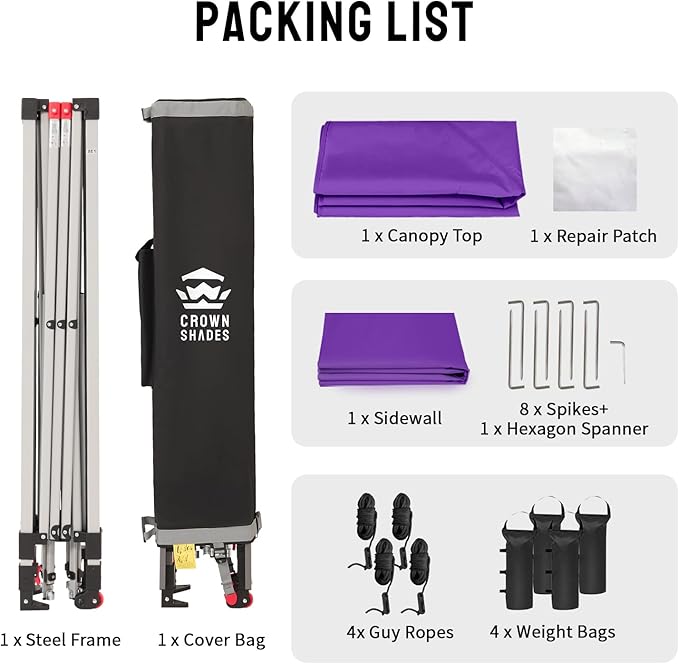 CROWN SHADES 10x10 Pop Up Canopy with 1 Side Wall - Beach Tent with One Push Setup - Outdoor Sun Shade for Events Parties Camping - Gazebo with STO-N-Go Cover Bag (Purple)