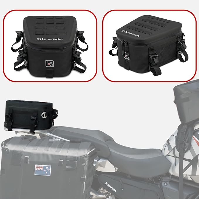 Lone Rider Motorcycle Tail Pack 8L - Waterproof Motorbike Tailpack Dry Bag with MOLLE Top Cam Buckle and Loop Webbing Mounts - Fits Most Seats Rear Racks Panniers and Saddlebags