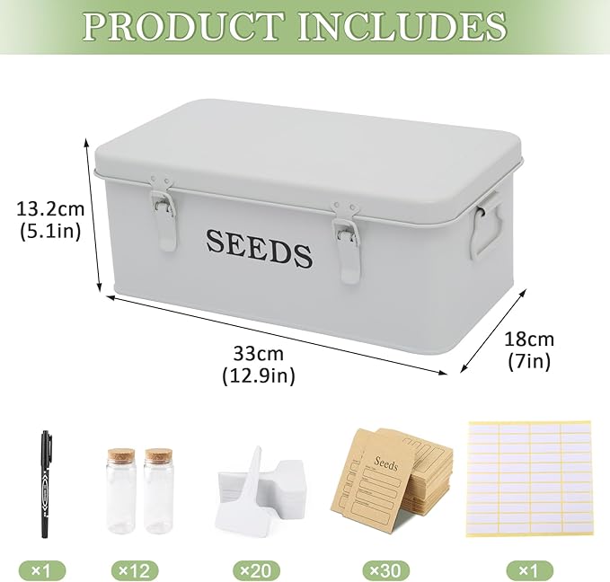 Seed Storage Organizer 4 Compartment Seed Storage Box with Safety Lock Metal Seed Box Seed Packet Container with 1 Pen 12 Slots 20 Plant Labels &amp 30 Seed Envelopes White Gardening Gift
