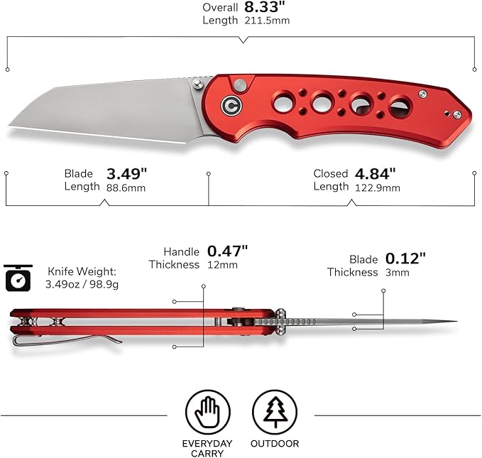 CIVIVI Pragma Prime Pocket Knife for EDC 3.49 14C28N Blade Aluminum Handle with Reversible Clip Camping Hiking Folding Knife for Men Women C24067-2 Red