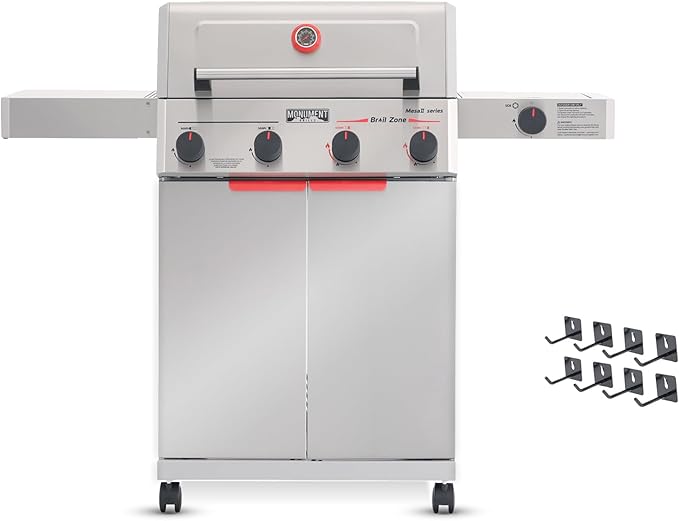Monument Grills 4+1 Burner Stainless Steel 525 sq.in Propane Gas Grill 49000 BTU 500°F in 5 Mins Outdoor Mesa 2 Grill with Broil Zone 1 Side Burner and 1 Foldable Side Shelf with 8 Tool Hooks