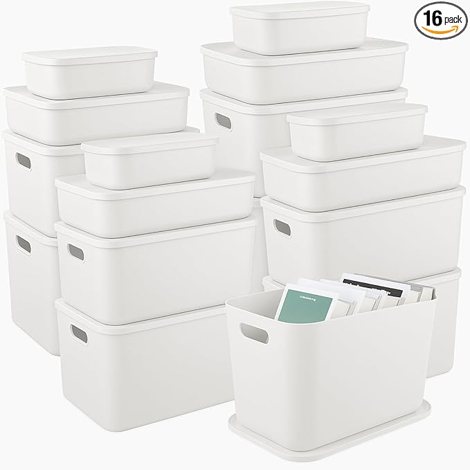 16 Pack Plastic Storage Bins with Lids Stackable Classroom Organization Bins 4 Size Combination Craft Organizers for Home Office Organize Craft Shoes Tools Snacks(White)