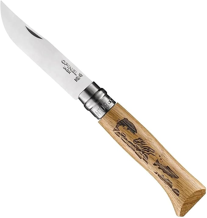 Opinel No.08 Engraved Oak Handle Folding Knife Animalia Collection Stainless Steel Blade Made in France (Trout)
